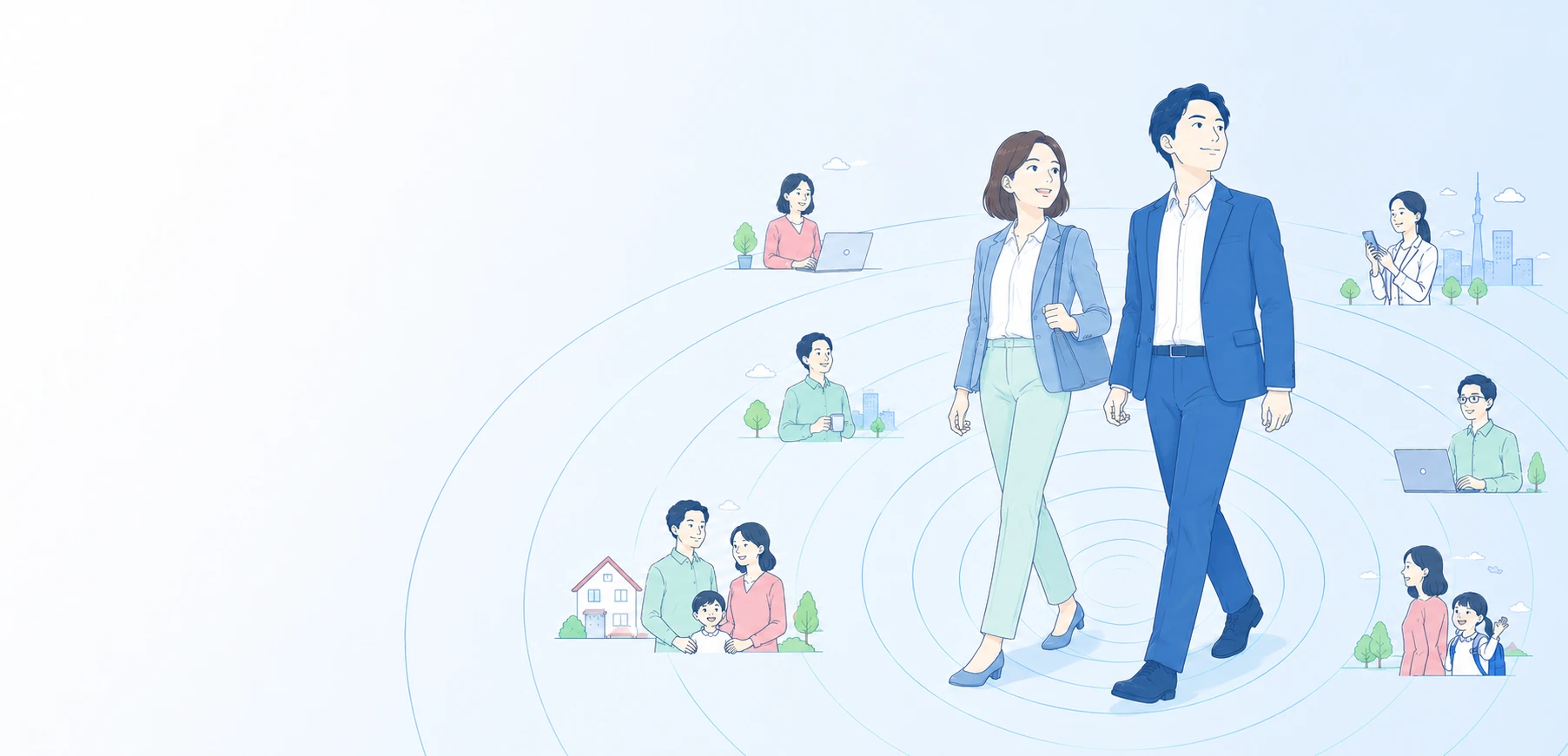 職場での前向きな関わりが、家庭やまわりの人へ良い波のように広がっていく様子のイラスト